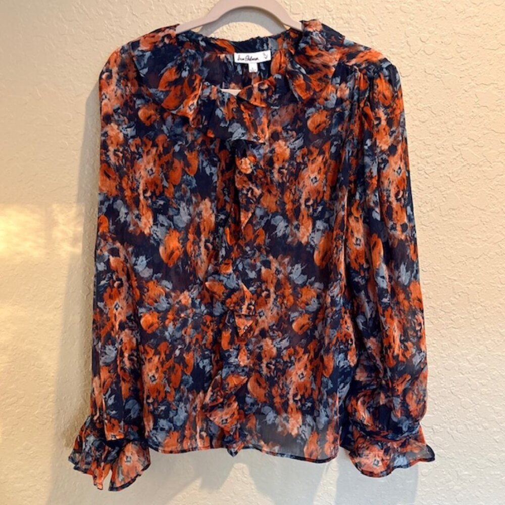 Sam Edelman Womens Jasleen Sheer Floral L Blouse Ruffle Button Camisole Boho NWT